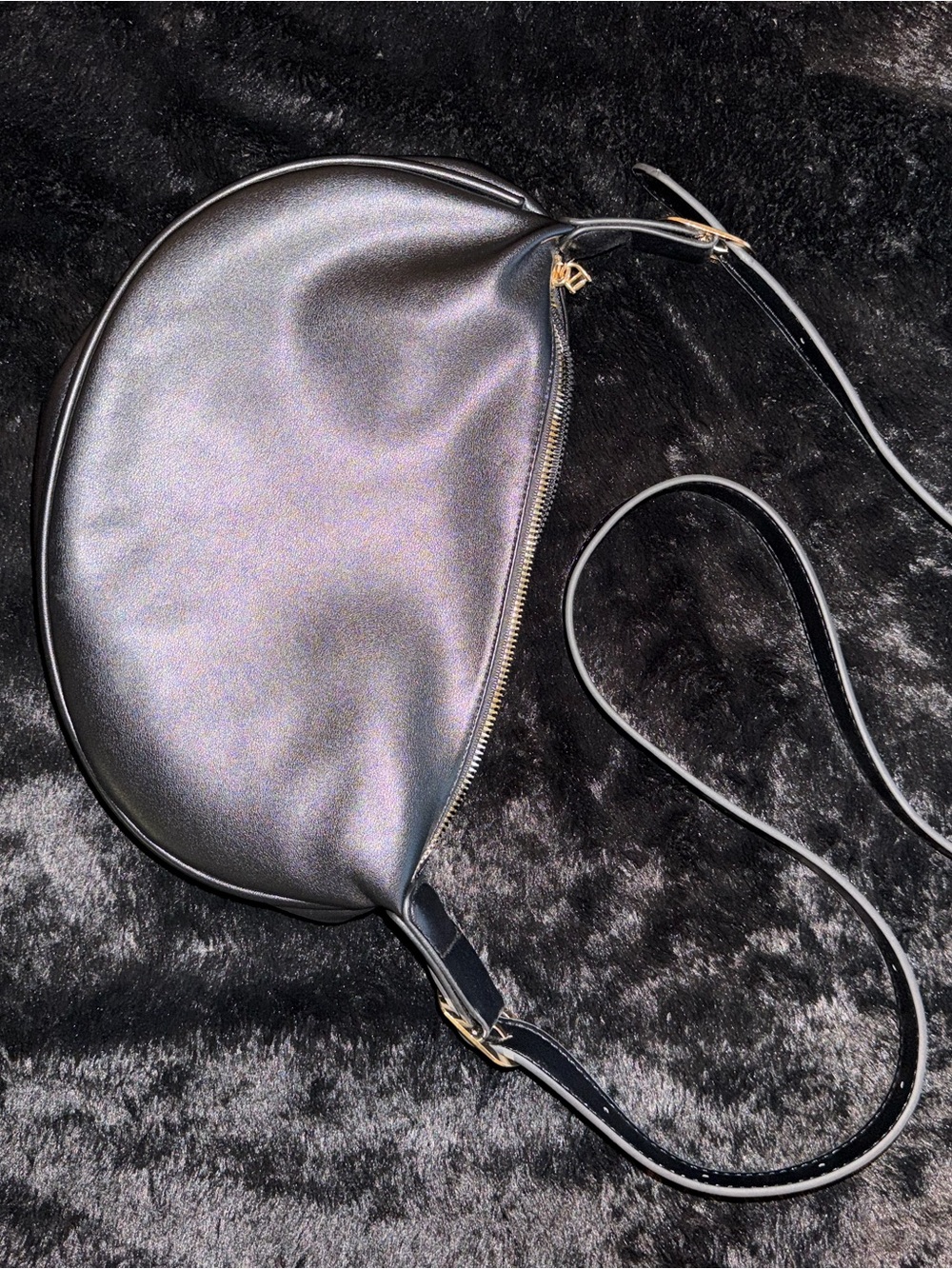 Vintage Black Crescent Crossbody Bag with Gold Accents